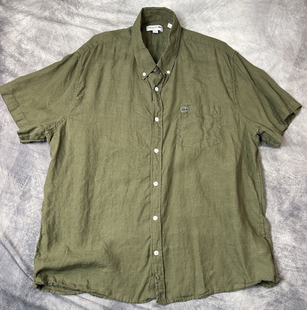 Lacoste Shirt Mens XL Green 100% Linen Short Sleeve Button Front Casual Woven